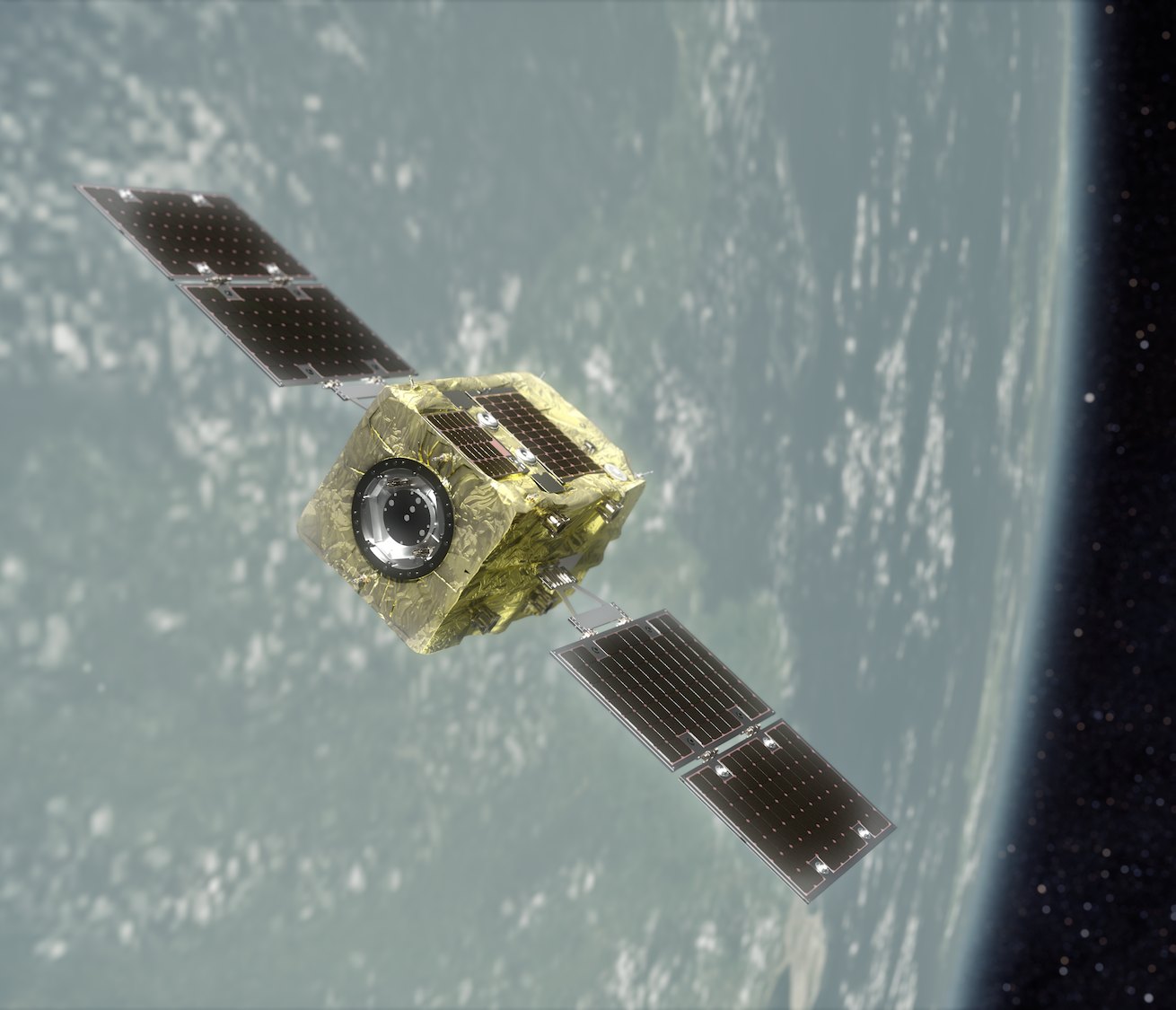 Close crop of the ADRAS-J spacecraft near a rocket stage