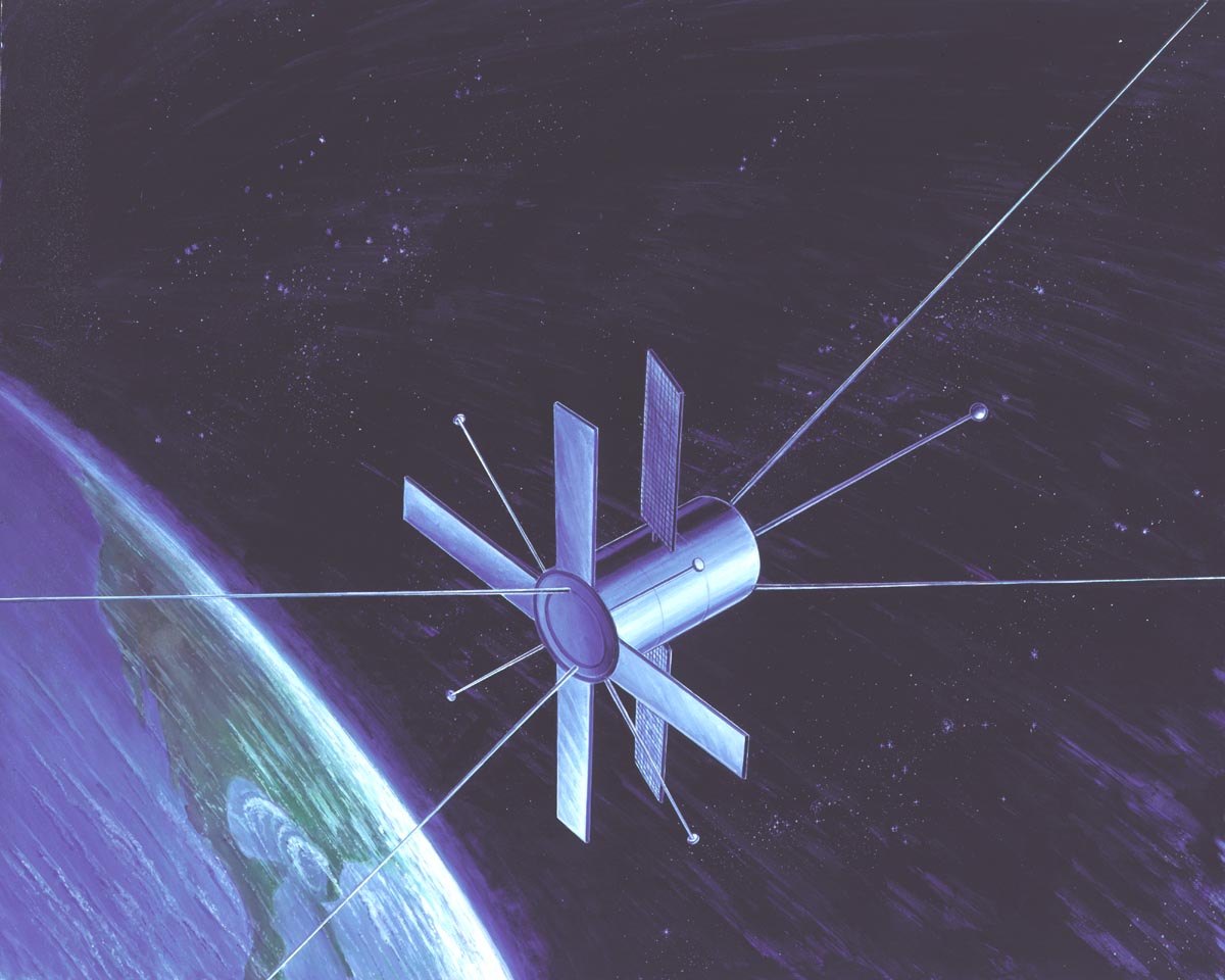 Drawing of a cylindrical Soviet satellite with long antenna booms and solar panels above Earth