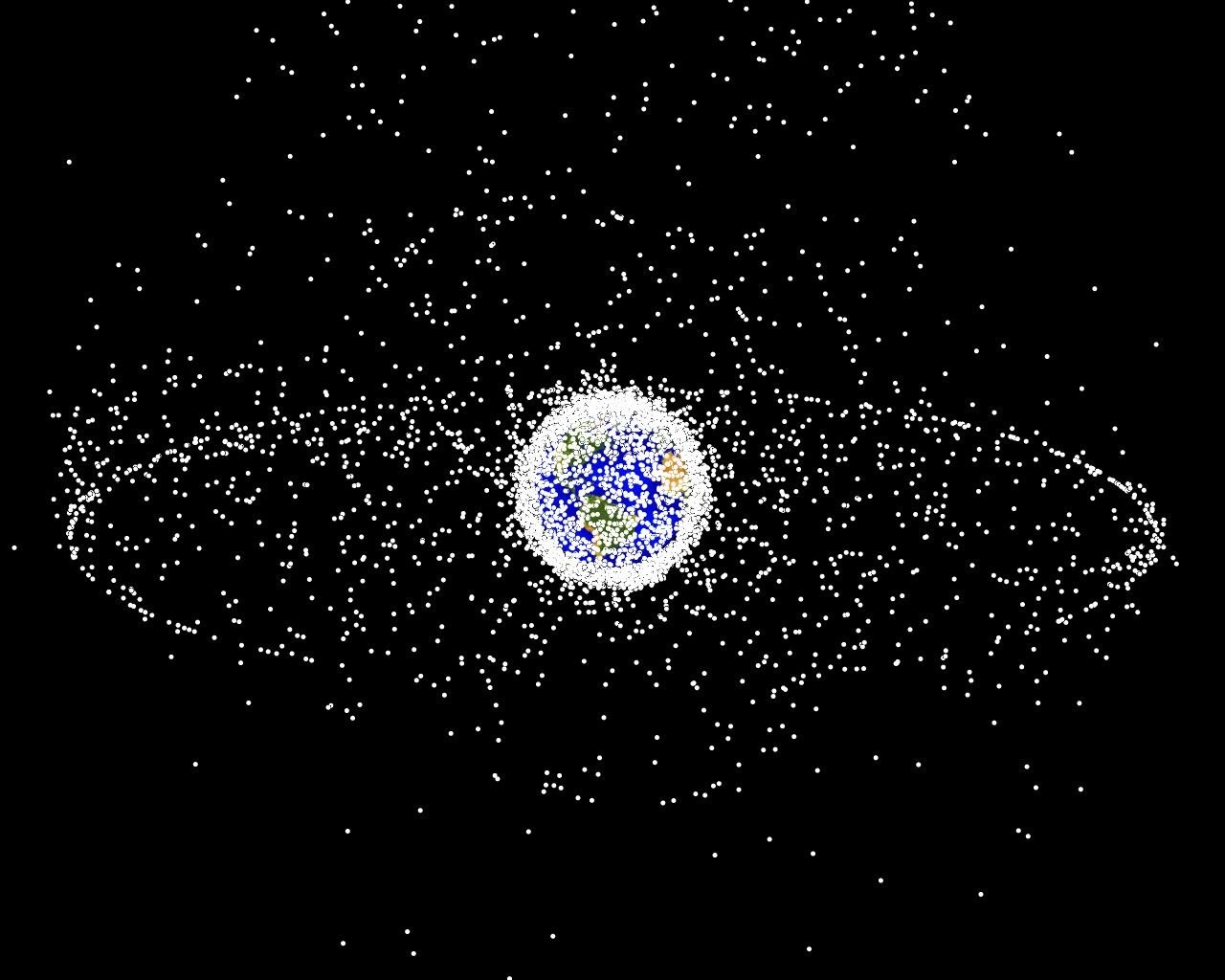 Computer image of tracked objects around Earth showing the geostationary ring
